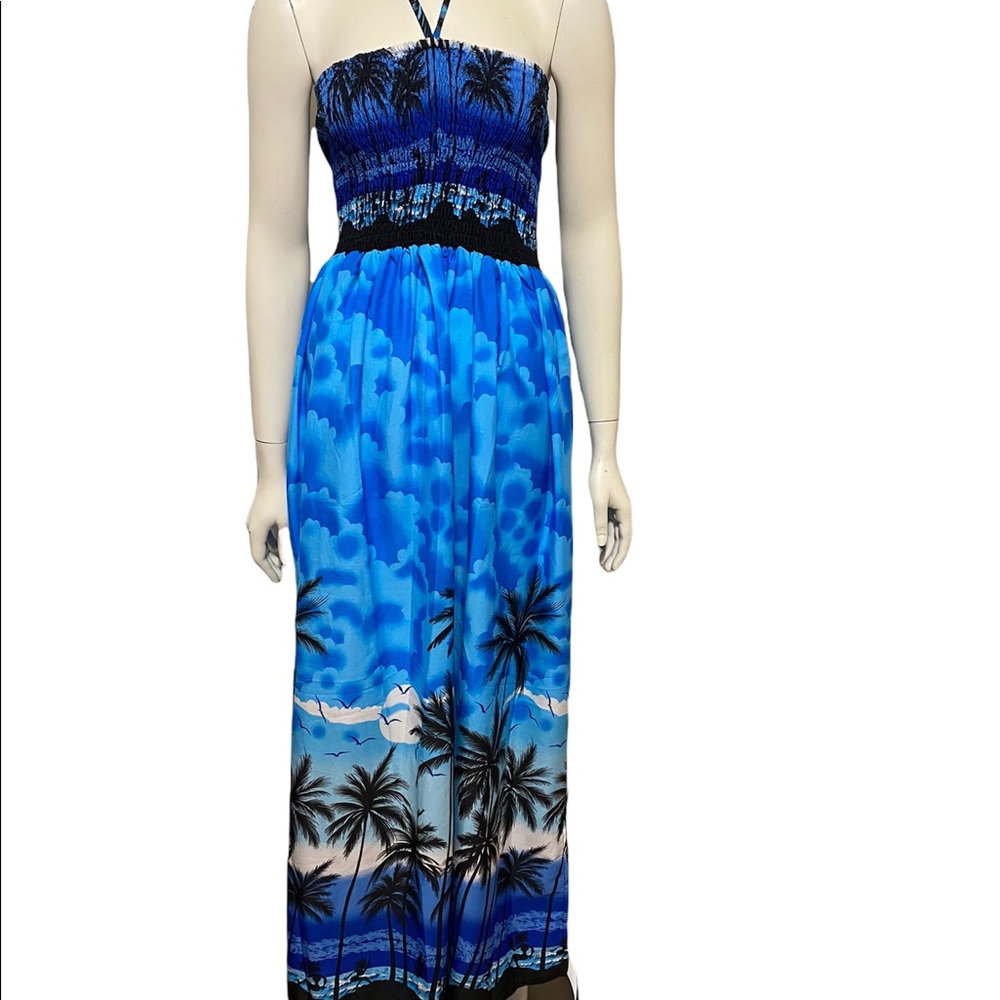 LA LEELA Blue Palm Tree Halter Style Tube Top Empire Waist Maxi Dress OS